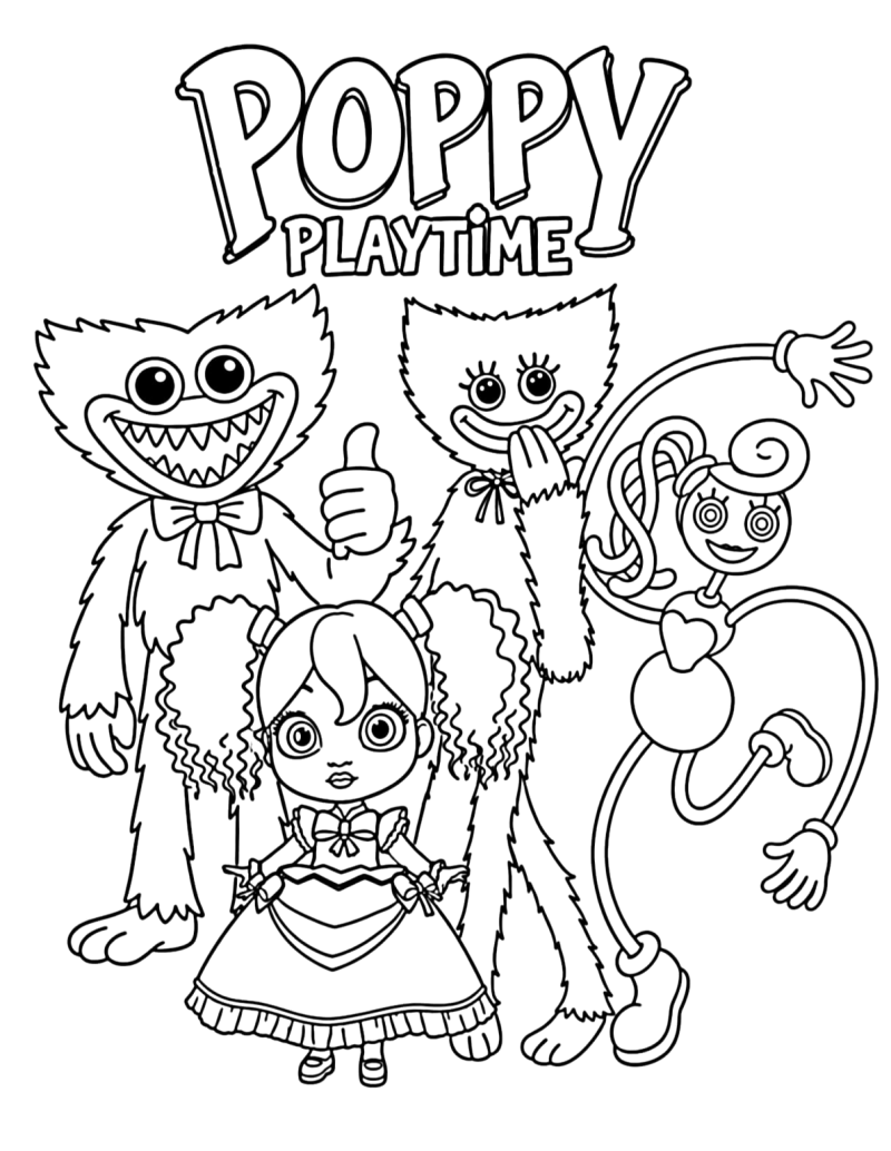 Desenho para colorir de Huggy, Kissy, Mommy Long Legs e a boneca Poppy