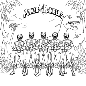 Desenho para colorir de cinco Rangers numa selva com dinossauros