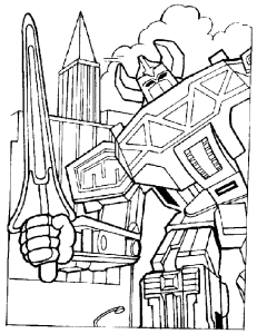 Desenho para colorir de Megazord de espada entre os prédios