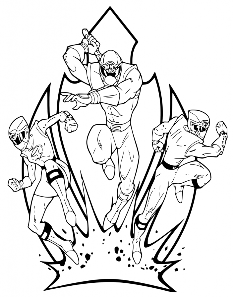 Desenho para colorir de três Rangers a saltar de uma explosão