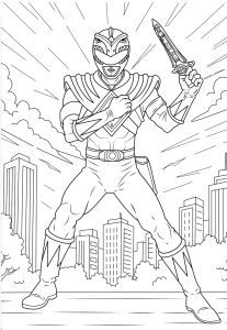 Desenho para colorir de Ranger de punhal na mão diante da cidade