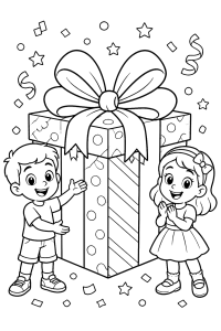 Dois meninos junto a um presente gigante, desenho para colorir