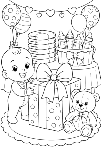 Bebé com presentes e um urso de peluche, desenho para colorir