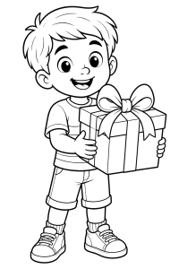 Menino a segurar um presente, desenho para colorir