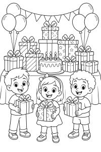 Festa de anos com presentes e bolo, desenho para colorir