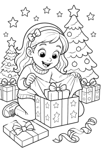 Menina a abrir presentes no Natal, desenho para colorir