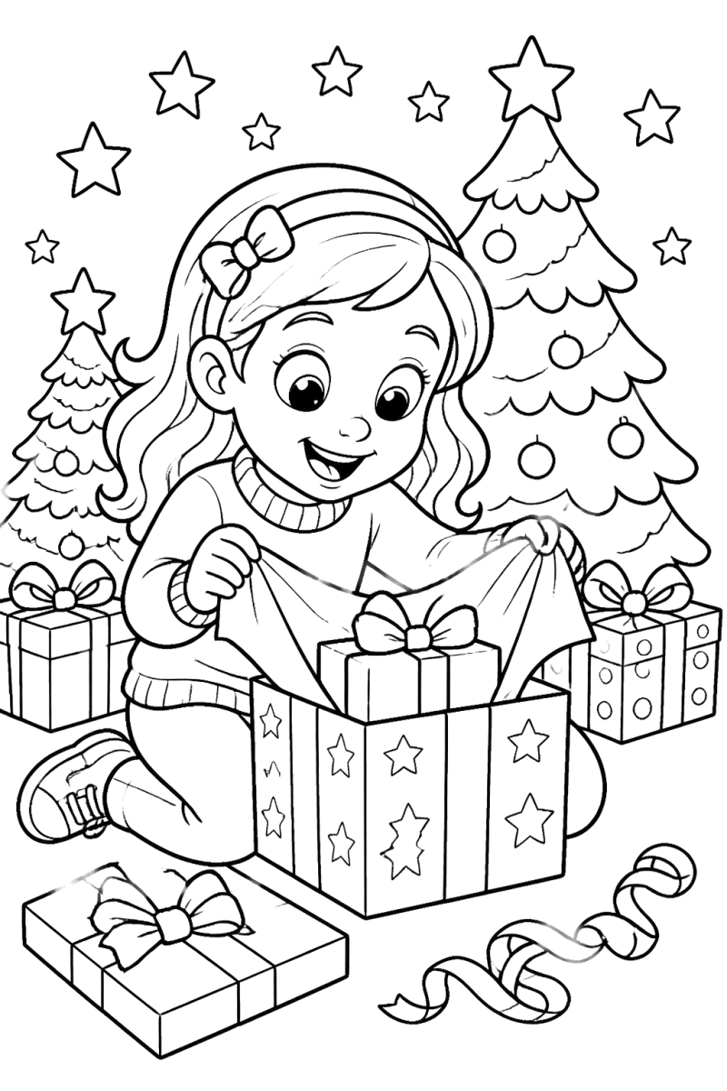 Menina a abrir presentes no Natal, desenho para colorir