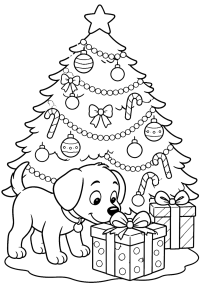 Cachorrinho a cheirar um presente debaixo da árvore, desenho para colorir
