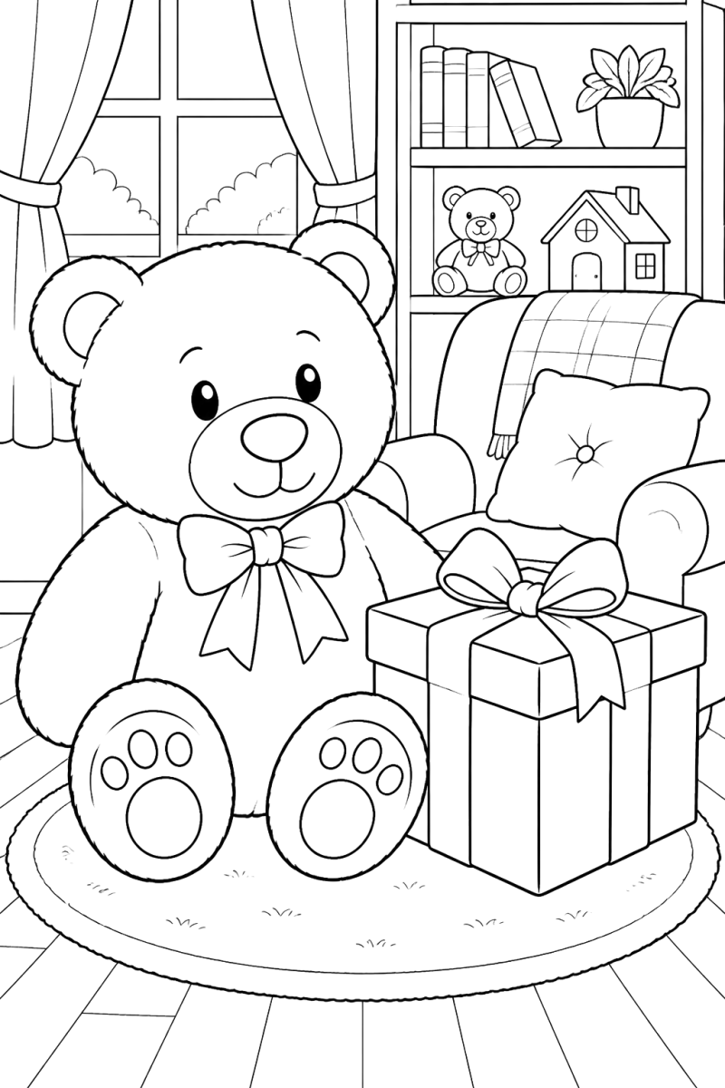 Urso de peluche com um presente, desenho para colorir
