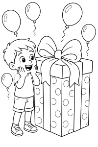 Menino surpreendido com um presente e balões, desenho para colorir