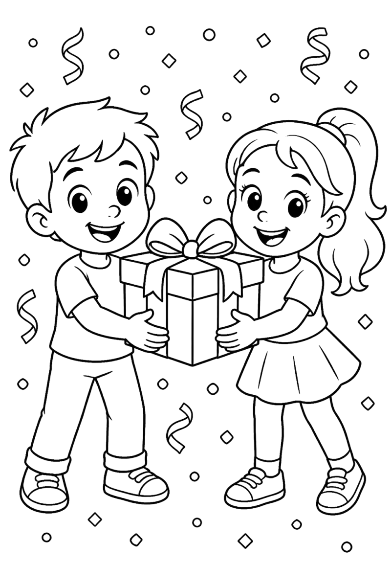 Dois amigos a trocar um presente, desenho para colorir