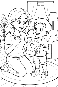 Menino a oferecer um postal à mãe, desenho para colorir