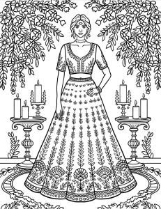 Vestido comprido bordado entre velas, desenho para colorir