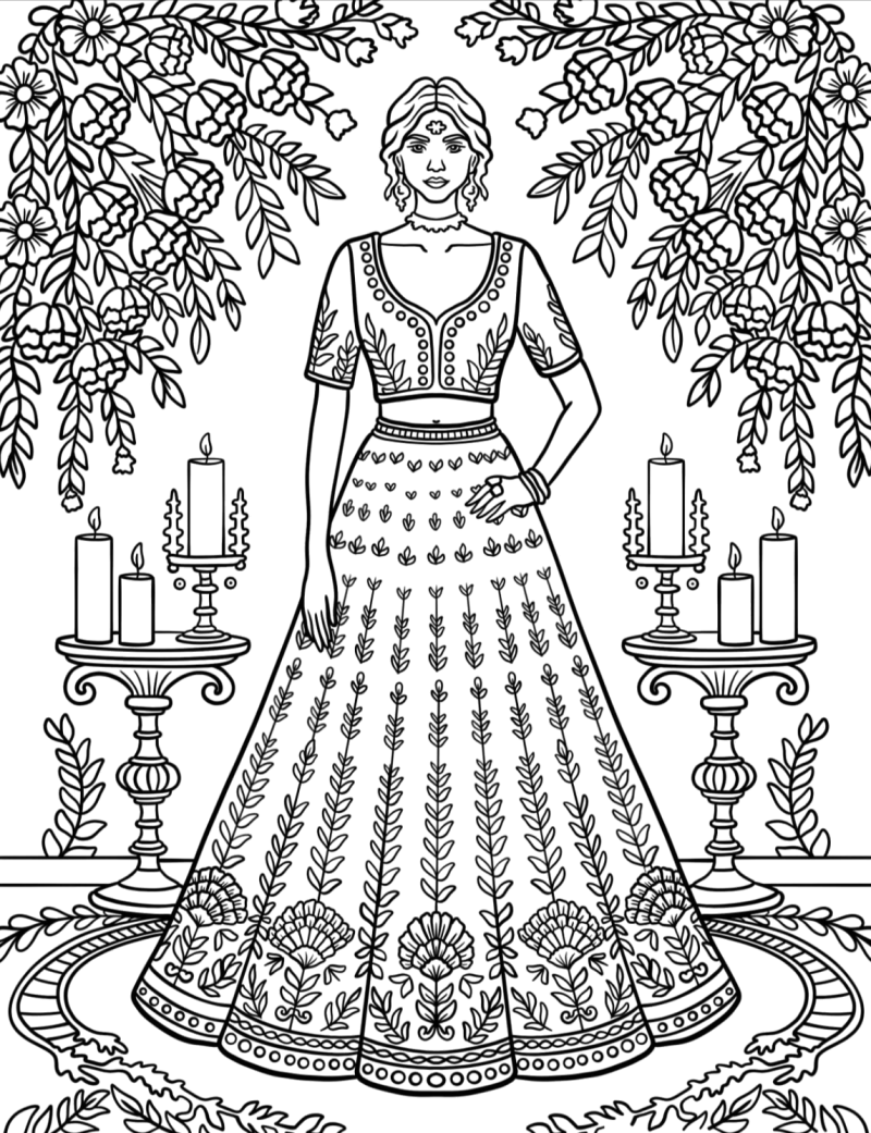Vestido comprido bordado entre velas, desenho para colorir