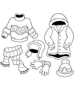 Roupa de inverno com camisola, casaco e gorro, desenho para colorir
