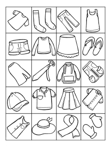 Tabela com vinte peças de roupa, desenho para colorir
