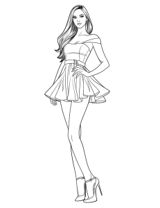 Modelo de vestido curto de ombros caídos, desenho para colorir