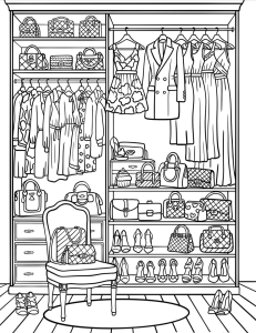 Armário com roupas, malas e sapatos, desenho para colorir