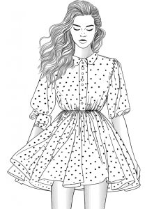 Rapariga de vestido às bolinhas, desenho para colorir