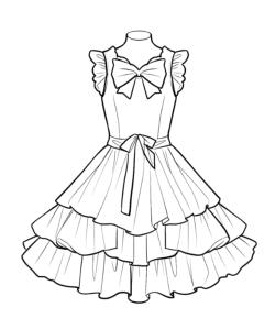 Vestido de folhos com laço, desenho para colorir