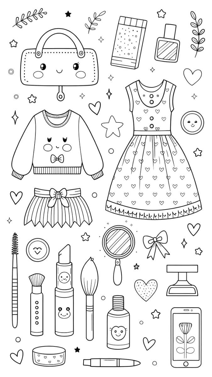 Roupas e acessórios fofos, desenho para colorir