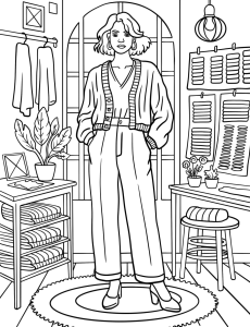 Rapariga de casaco de malha no quarto de vestir, desenho para colorir