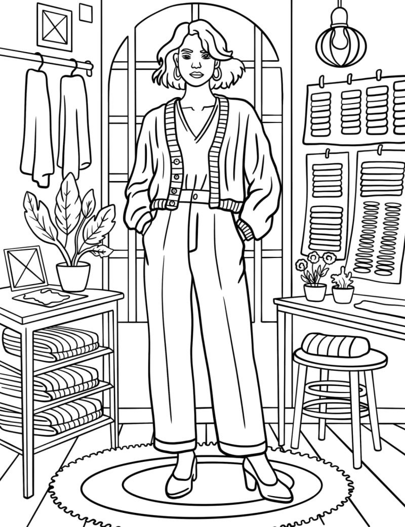Rapariga de casaco de malha no quarto de vestir, desenho para colorir