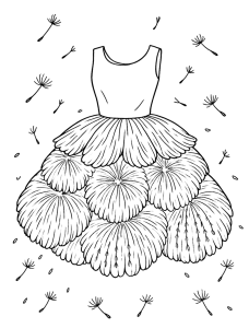Vestido com saia de dentes de leão, desenho para colorir
