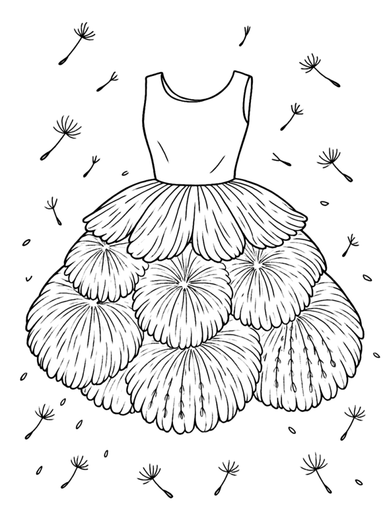 Vestido com saia de dentes de leão, desenho para colorir