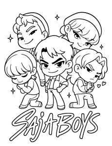 Os Saja Boys em versão chibi com o logótipo, desenho para colorir