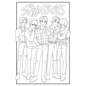 Os Saja Boys num poster com o nome da banda, desenho para colorir