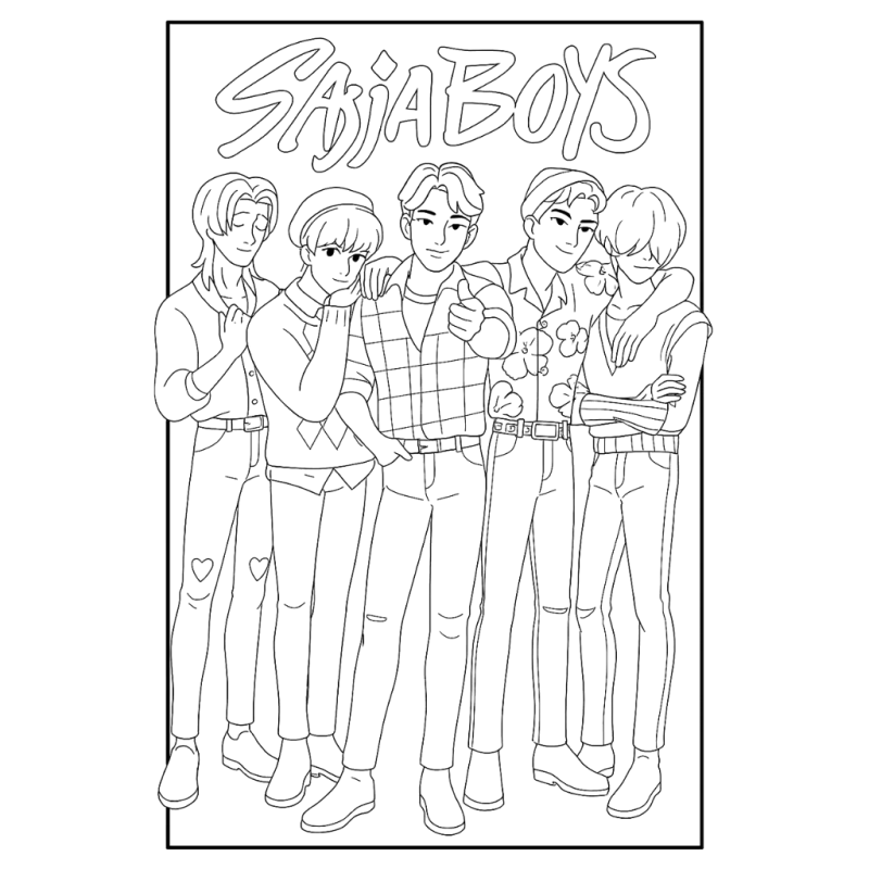 Os Saja Boys num poster com o nome da banda, desenho para colorir