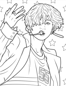 Cantor com microfone de cabeça entre estrelas, desenho para colorir