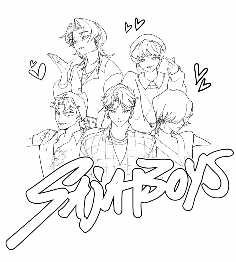 Os Saja Boys com o logótipo e corações, desenho para colorir
