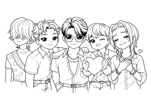 Os Saja Boys juntos em versão sorridente, desenho para colorir