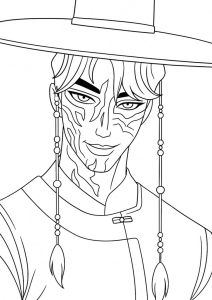 Demónio de chapéu tradicional coreano, desenho para colorir