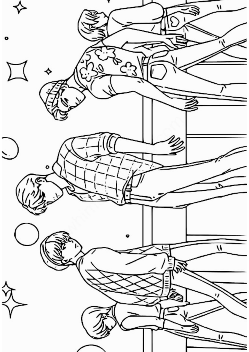 Os Saja Boys entre estrelas, formato horizontal, desenho para colorir