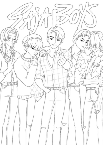 Os Saja Boys de pé por baixo do logótipo, desenho para colorir