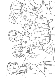 Os Saja Boys em grupo, formato horizontal, desenho para colorir