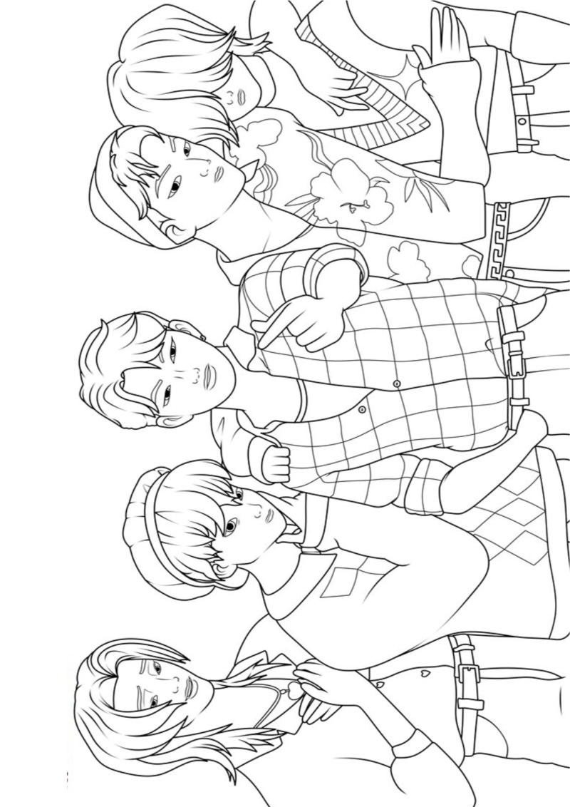 Os Saja Boys em grupo, formato horizontal, desenho para colorir