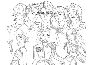 Os Saja Boys e as Huntrix juntos, desenho para colorir