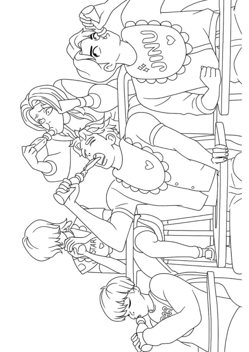 Os Saja Boys em fila, formato horizontal, desenho para colorir