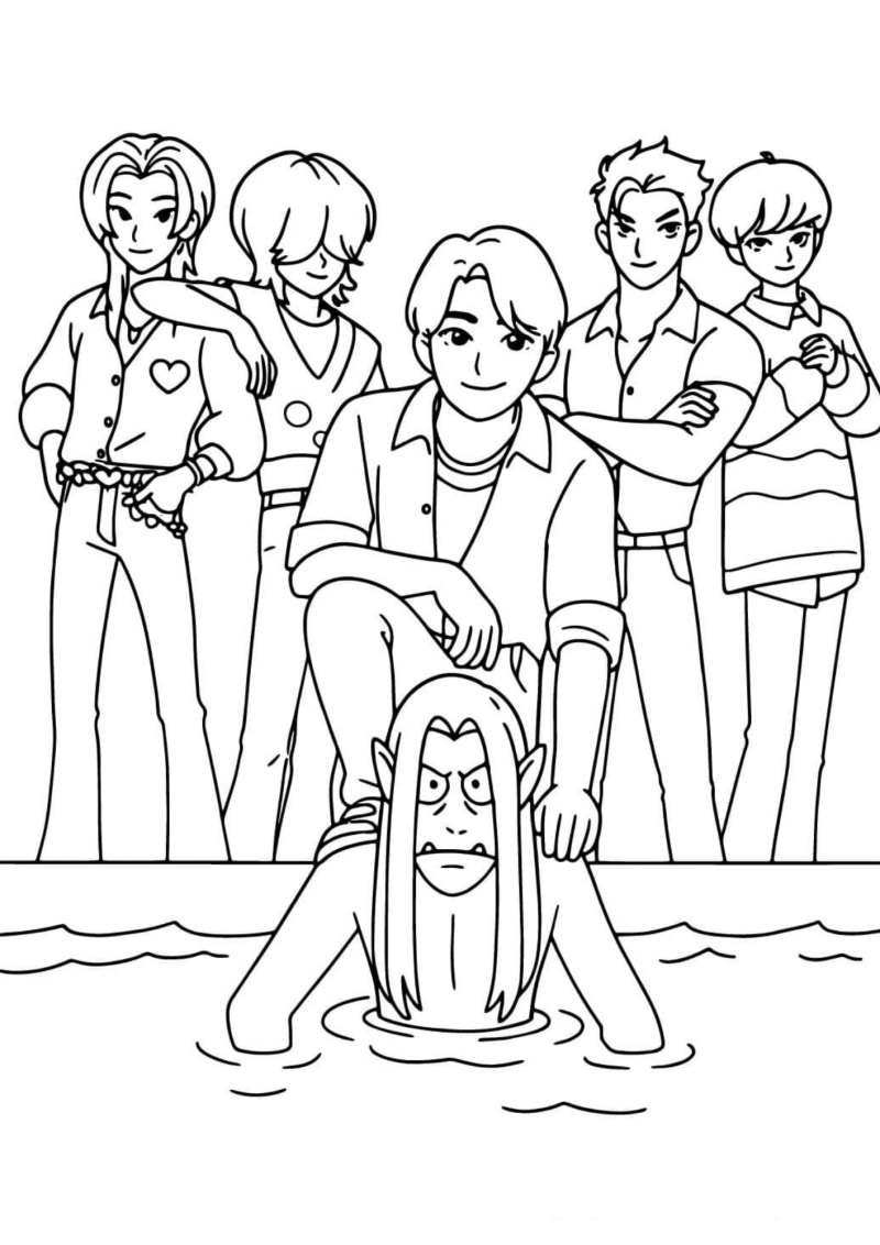 Os Saja Boys e uma figura a sair da água, desenho para colorir