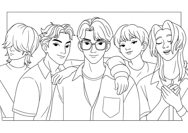 Retrato de grupo dos Saja Boys, desenho para colorir