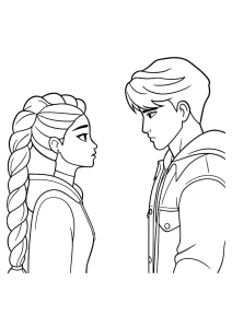 Rapariga de tranças frente a frente com um Saja Boy, desenho para colorir
