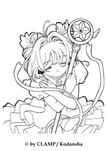Desenho para colorir de Sakura de olhos fechados com o báculo da estrela