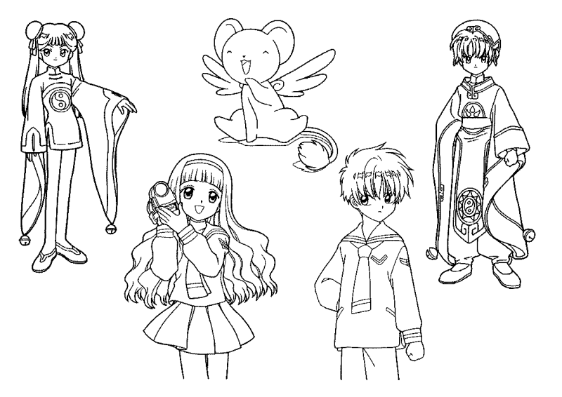 Desenho para colorir das personagens da série com o Kero ao centro