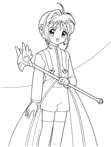 Desenho para colorir de Sakura com o báculo e uma capa comprida