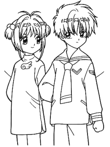 Desenho para colorir de Sakura e Syaoran de uniforme escolar