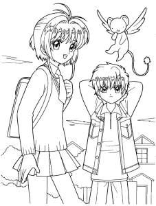 Desenho para colorir de Sakura e Syaoran a caminho da escola com o Kero